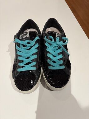 GGDB Black Sequin Sneakers with Turquoise Laces